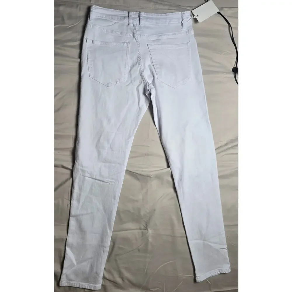 Men’s White Ripped Moto Biker Jeans Distressed Ribbed Panel Streetwear